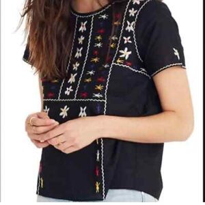 Madewell Black Top with Embroidery open-back M EUC